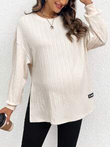 SHEIN Maternity Letter Patched Detail Drop Shoulder Split Hem Sweatshirt, For Winter - Beige - View 3