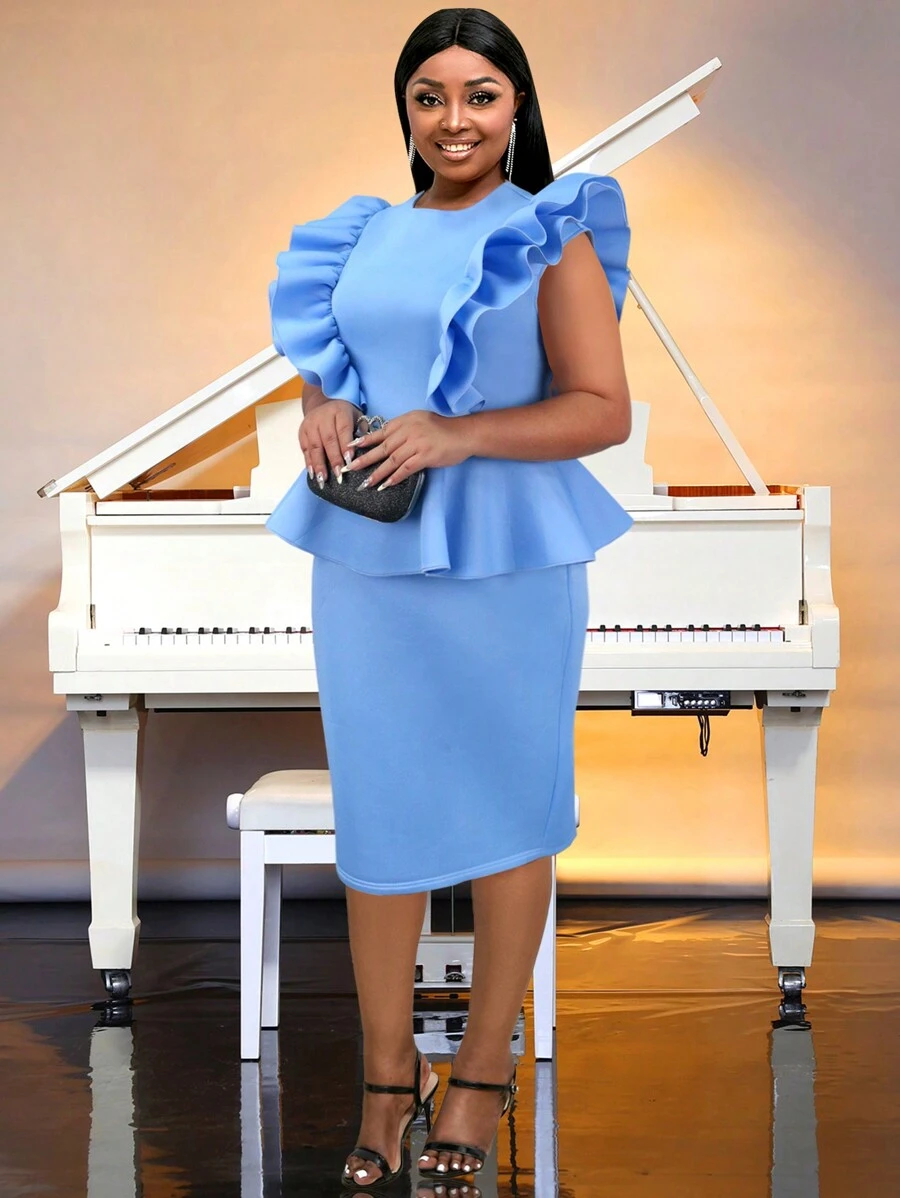 Plus Ruffle Trim Peplum Waist Dress - Blue - View 1