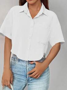 SHEIN LUNE 夏季纯色纽扣前落肩衬衫、短袖上衣