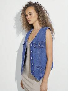 WESTFADE Premium 91% Cotton Denim Boyfriend Vest - Blue - View 4