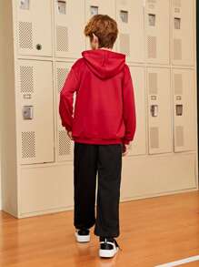SHEIN 2pcs/Set Teen Boys' Casual Hoodie And Sweatpants Outfit, Printed Basketball Design - Red - View 2