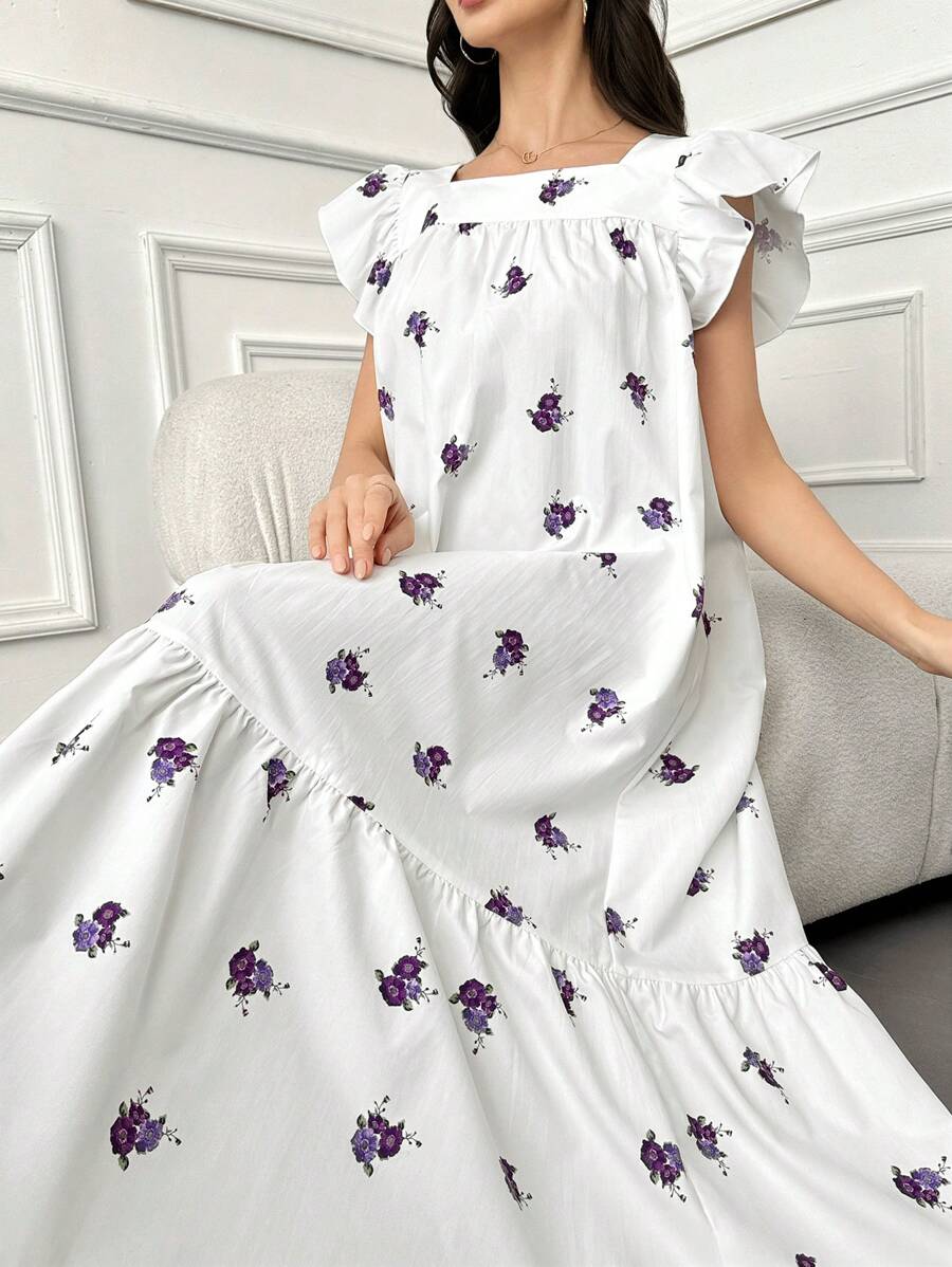 Mulvari Floral Print Square Neck Butterfly Sleeve Dress - Purple - View 1