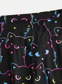 SHEIN Tween Girl's Tight Casual Fluorescent Cute Cat Printed Crossed-Waist Leggings - Black - View 5
