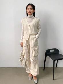 FRIFUL Top casual y cómodo de punto con malla, mangas cortas y botones para mujer con cuello en V