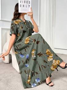 Al Najma Arabisches langes Kleid komplett mit Blumen Allover Muster und vorderen Knöpfen, langärmelig - Verschiedenfarbig - Übersicht 3