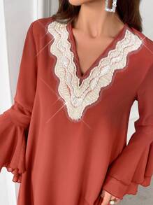 Al Najma Contrast Lace V Neck Flare Sleeve Dress - Coral Orange - View 7