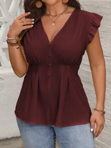 Franclia Plus Ruffle Trim Button Front Blouse Peplum Top