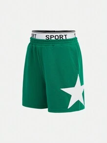 Shorts casuales deportivos para primavera/verano para niñas preadolescentes, tejidos de cintura con estampado de estrellas y bloques de color