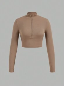 SHEIN EZwear 3 件套女士简约字母拉链半领长袖 T 恤套装，罗纹面料，适合春秋季 - 彩色 - 查看 4