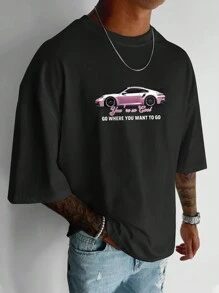 Manfinity Dauomo Camiseta casual de verano para hombre con eslogan y estampado de carros, cuello redondo y mangas caídas