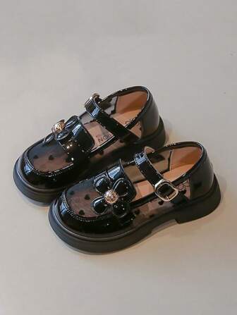 Fashionable New Baby Girls' Flat Leather Shoes With Sweet Flower Decoration, Breathable Low Vamp Shoes