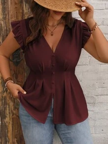 Franclia Plus Ruffle Trim Button Front Blouse Peplum Top