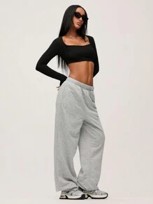 SHEIN BASICS White Knit Women's Slim Fit Crop Top With  Letter & Heart Pattern