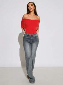 SHEIN SXY Autumn Women's Red Clothing Tight-Fitting Off Shoulder Top - Red - View 3