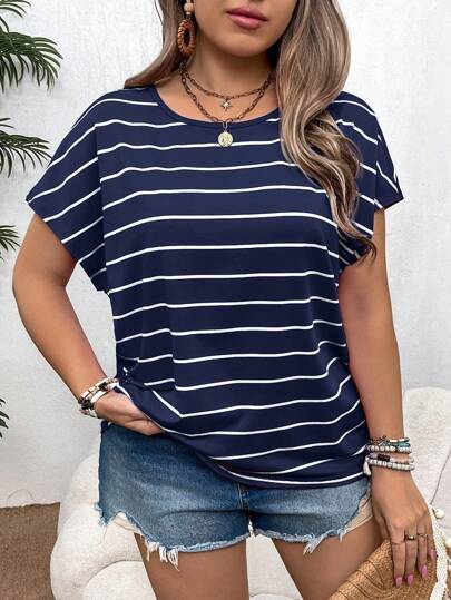 SHEIN VCAY Plus Size Boho Rainbow Striped Short Sleeve Round Neck T-Shirt For Vacation, Summer