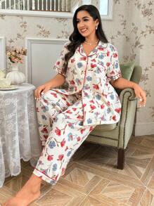 CottageSlumber Plus Size Women Bubble Wrinkle Printed Short Sleeve Button-Down Top & Long Pants Pajama Set - Multicolor - View 1