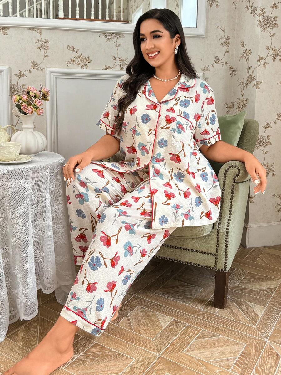 CottageSlumber Plus Size Women Bubble Wrinkle Printed Short Sleeve Button-Down Top & Long Pants Pajama Set - Multicolor - View 1