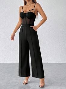 SHEIN PETITE Women Are Suitable For Parties. Sexy Party Wear. Breast Cup Black Suspender Jumpsuit. - Black - View 5