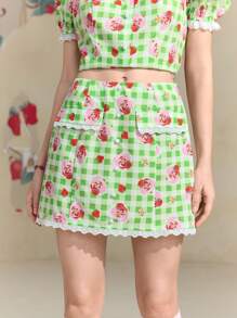 Strawberry Shortcake X SHEIN Women's Summer Plaid And Strawberry Printed Vintage Country Skirt