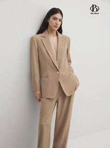 BizChic 女士清爽长袖纽扣口袋衬衫直筒舒适长裤套装商务休闲女装秋季女装 - 棕色 - 查看 1