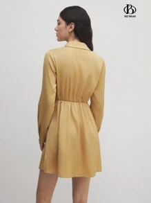 BizChic Damen elegantes Satinkleid mit Revers, Langarm, für Büro und Geschäft, formelle Arbeitskleidung - Gelb - Übersicht 2