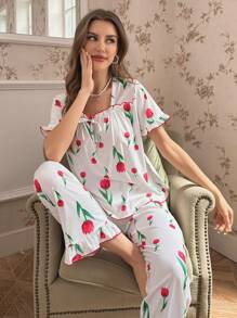 Conjunto de pijama con estampado de mujer, estilo princesa, con volantes de encaje y mangas cortas, conjunto blanco - Blanco - Ver 5