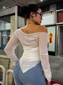 POPSWAY Plus Size Solid Color Asymmetric Collar Pleated Sheer Long Sleeve Top