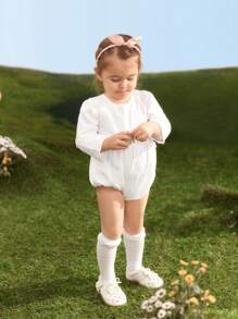 SHEIN Infant Girls' White Embroidered Lace Trim Bodysuit, Fall/Winter - White - View 4