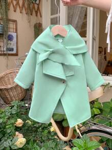 New Baby Girls' Woolen Coat Design With Scarf, Comfortable Green Plaid Slouchy Jacket Matched With Wrap Shawl, Elegant And High-Quality Outfit For Autumn And Winter - Green - View 1