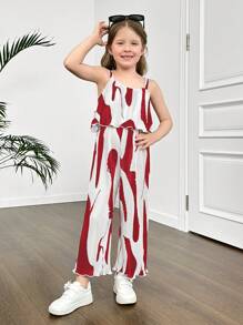 SHEIN Young Girl Wide Strap Asymmetric Pattern Jumpsuit With Ruffled Fabric - Red - View 4