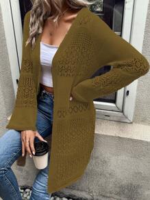 SHEIN LUNE 純色長袖空心針織開衫，輕鬆休閒日常造型 - 軍綠色 - 查看 4