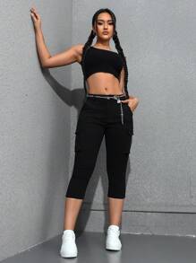 SHEIN EZwear Solid Color Skinny Denim Pants With Pockets For Summer - Black - View 6