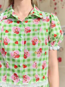 Strawberry Shortcake X SHEIN Women's Fashionable Plaid And Strawberry Printed Country Vintage Puff Sleeve Top ,Puff Sleeves Wet Shirt