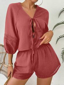 Breezaya Bộ áo sơ mi và quần short ren tay đèn lồng buộc phía trước - Hồng - Xem 5