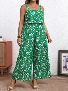 SHEIN Clasi Plus Allover Print Wide Leg Cami Jumpsuit For Summer - Green - View 5