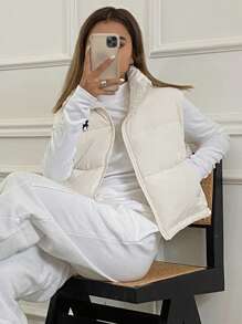 DAZY 字母补丁细节拉链背心冬季棉服外套，冬季女装，冬季外套女式夹克背心 - 白色 - 查看 2