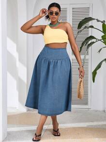 SHEIN VCAY Plus Size Loose Fit Denim Skirt With Side Split, Blue, For Casual & Vacation Wear - Medium Wash - View 6