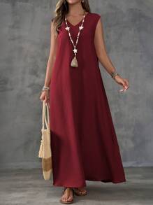 EMERY ROSE Khaki Textured Fabric V-Neck Slit Design Sleeveless Women's Dress - Burgundy - View 6