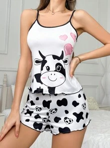 SHEIN Cute Cow & Heart Printed 2pcs Women's Pajama Set - Multicolor - View 5