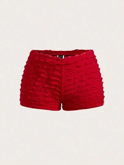 SHEIN Essnce 女士休闲时尚红色低腰修身弹力迷你短裤 女士平角短裤 荷叶边短裤 红色短裤 红色下装 百搭短裤 Tomato Girl Coquette 夏季可爱蝴蝶结女士褶皱超短迷你短裤