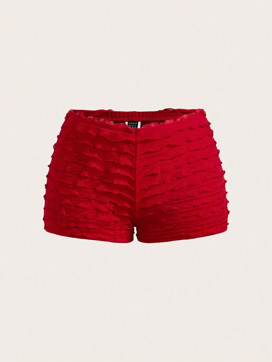 SHEIN Essnce Damskie, codzienne, modne, czerwone, niskie, dopasowane, elastyczne mini szorty damskie, bokserki damskie, szorty z falbankami, czerwone szorty, czerwone spodnie, szorty na każdy mecz, Tomato Girl Coquette, letnie, kawaii, kokardki, damskie, marszczone mikro mini szorty - Czerwony - Zobacz 1