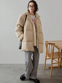 FRIFUL 1 件女士宽松纯色保暖棉服外套冬季 - 棕色 - 查看 2