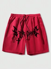 ROMWE MEN Goth Nam Đồ họa Chữ cái Eo dây rút Quần short - Màu Hoa hồng đỏ - Xem 1