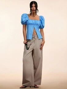 Forever 21 夏季、秋季和冬季女士蓝色可爱/学院风/基本款/紧身/外出/娃娃装/返校/合身/休闲风格衬衫/泡泡袖上衣 - 藍色 - 查看 3