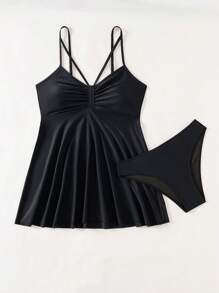 SHEIN Swim 女式镂空褶皱细肩带比基尼上衣和下装套装，黑色泳衣，2 件夏季