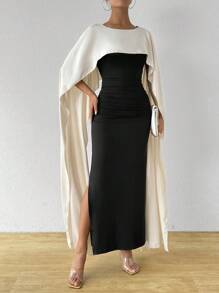 Chiquease Color Block Cape Shawl 2 In 1 Splicing Dress - Black - View 7