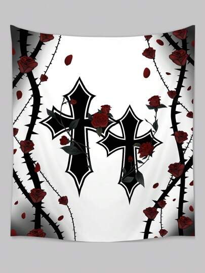 1 Stück Gothic Romantisches Polyester Wandteppich mit Kreuz und Rosen Dornenmuster, geeignet für tägliche Wanddekoration im Wohnzimmer und Schlafzimmer, Campingdekoration, Ganzjahreswandteppich.
