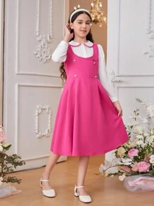 Tween Girl Round Neck Shirt + Double Breasted Dress Set, Style - Hot Pink - View 3