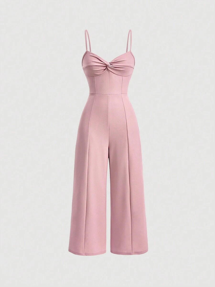 SHEIN MOD Women'S Plus Size Solid Color Twist Front Wide Leg Jumpsuit With Spaghetti Straps - Pink - View 1