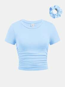 SHEIN Girlism Tween Girls' Casual Short Sleeve T-Shirt With Side Pleats And Hair Tie, Round Neck